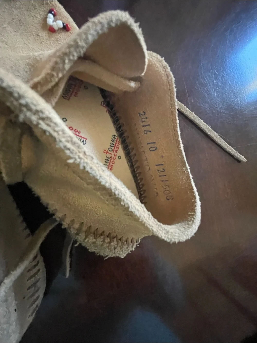 VINTAGE Kids Size 10 Minnetonka Tan Suede Beaded Moccasin with Leather Soles